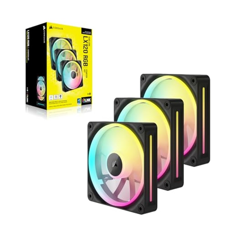CORSAIR iCUE LINK LX120 RGB 120 mm PWM Ventole Confezione Tripla – Doppio Anello Luminoso – Include iCUE LINK System Hub – Tecnologia CORSAIR AirGuide – Nero - 3 x 120mm Nero