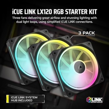 CORSAIR iCUE LINK LX120 RGB 120 mm PWM Ventole Confezione Tripla – Doppio Anello Luminoso – Include iCUE LINK System Hub – Tecnologia CORSAIR AirGuide – Nero - 3 x 120mm Nero