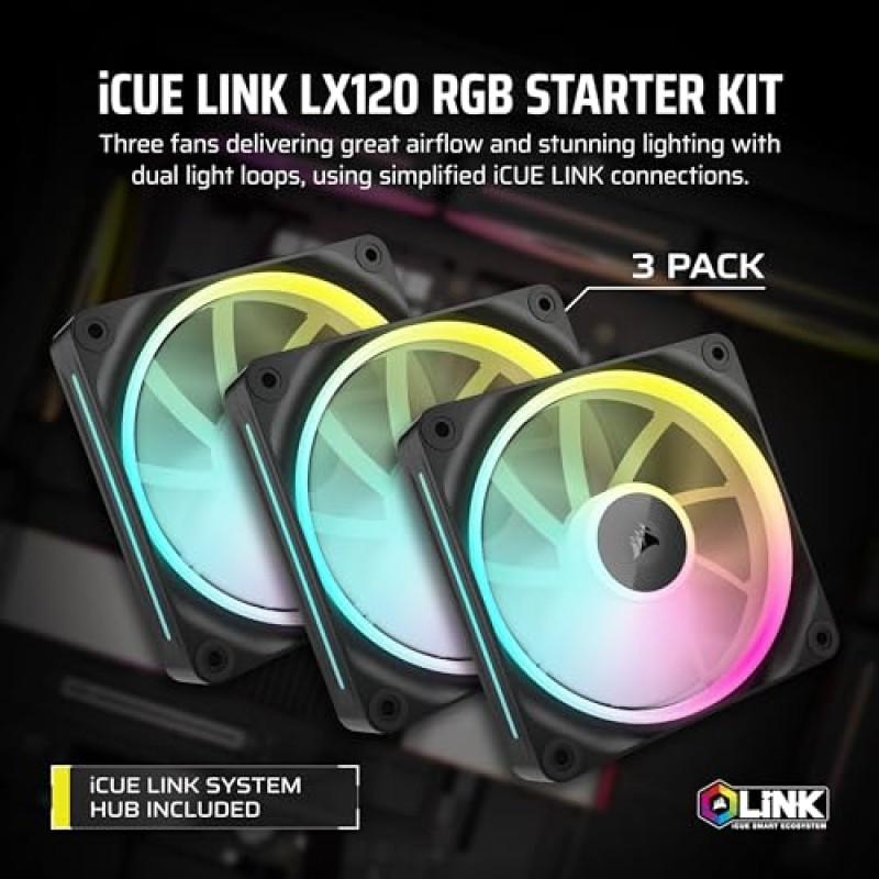 CORSAIR iCUE LINK LX120 RGB 120 mm PWM Ventole Confezione Tripla – Doppio Anello Luminoso – Include iCUE LINK System Hub – Tecnologia CORSAIR AirGuide – Nero - 3 x 120mm Nero