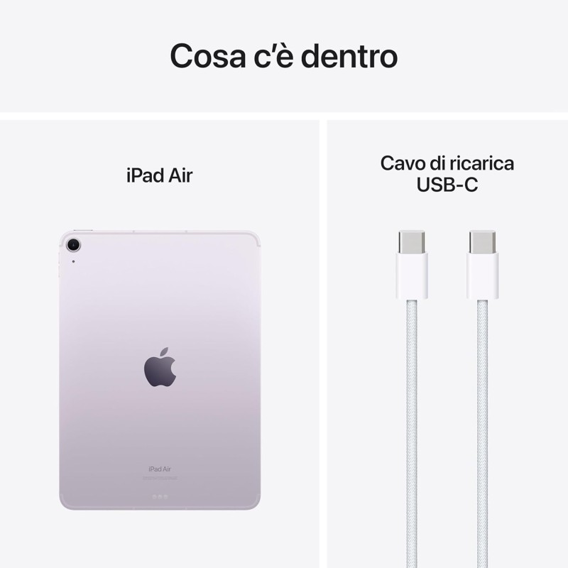 Apple iPad Air 11" (M2): display Liquid Retina, 1TB, fotocamera frontale orizzontale da 12MP, fotocamera posteriore da 12MP, Wi Fi 6E + 5G con eSIM, autonomia di un giorno intero — Viola - 1 TB Viola Apple iPad Air 11" (M2): display Liquid Retina, 1TB, fotocamera frontale orizzontale da 12MP, fotocamera posteriore da 12MP, Wi Fi 6E + 5G con eSIM, autonomia di un giorno intero — Viola - 1 TB Viola