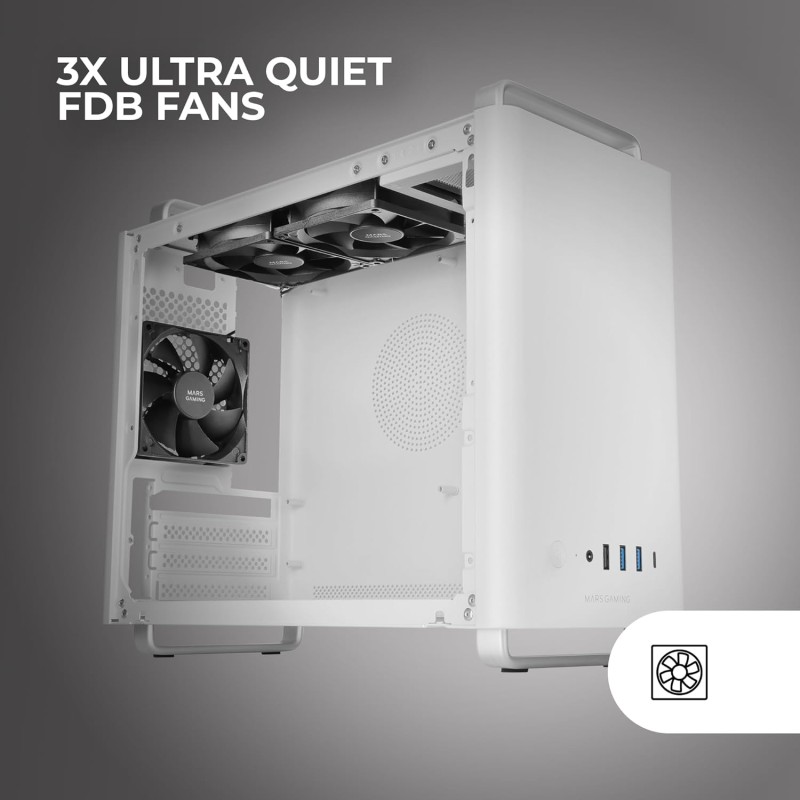 Mars Gaming MC-ELITE, Case PC Micro-ATX Metallo Alte Prestazioni, Design Mesh Laterale e Superiore, 3x Ventole FDB, Mini Tower Impugnature e Piedini Alluminio, Supporto Doppia PSU ATX e SFX, Bianco