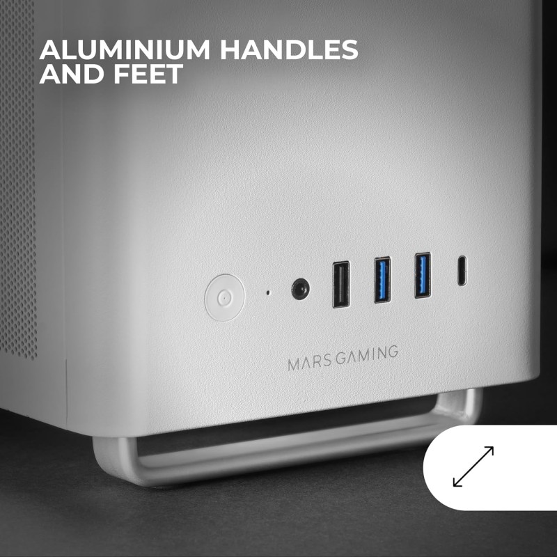 Mars Gaming MC-ELITE, Case PC Micro-ATX Metallo Alte Prestazioni, Design Mesh Laterale e Superiore, 3x Ventole FDB, Mini Tower Impugnature e Piedini Alluminio, Supporto Doppia PSU ATX e SFX, Bianco