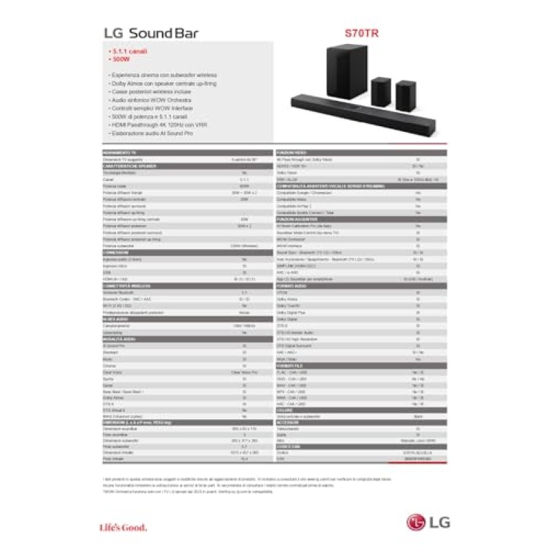 LG S70TR Soundbar TV 500W su 5.1.1 Canali con Subwoofer Wireless, Casse Posteriori Incluse, Dolby Atmos, DTS:X, Speaker Centrale Up-firing, HDMI Passthrough 4K 120Hz, AI Sound Pro