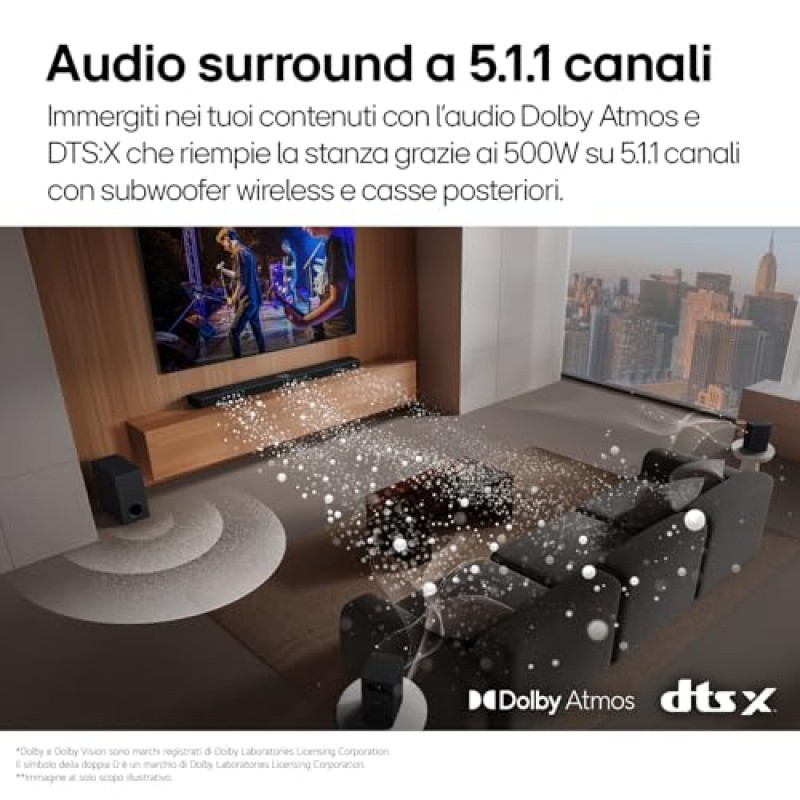 LG S70TR Soundbar TV 500W su 5.1.1 Canali con Subwoofer Wireless, Casse Posteriori Incluse, Dolby Atmos, DTS:X, Speaker Centrale Up-firing, HDMI Passthrough 4K 120Hz, AI Sound Pro