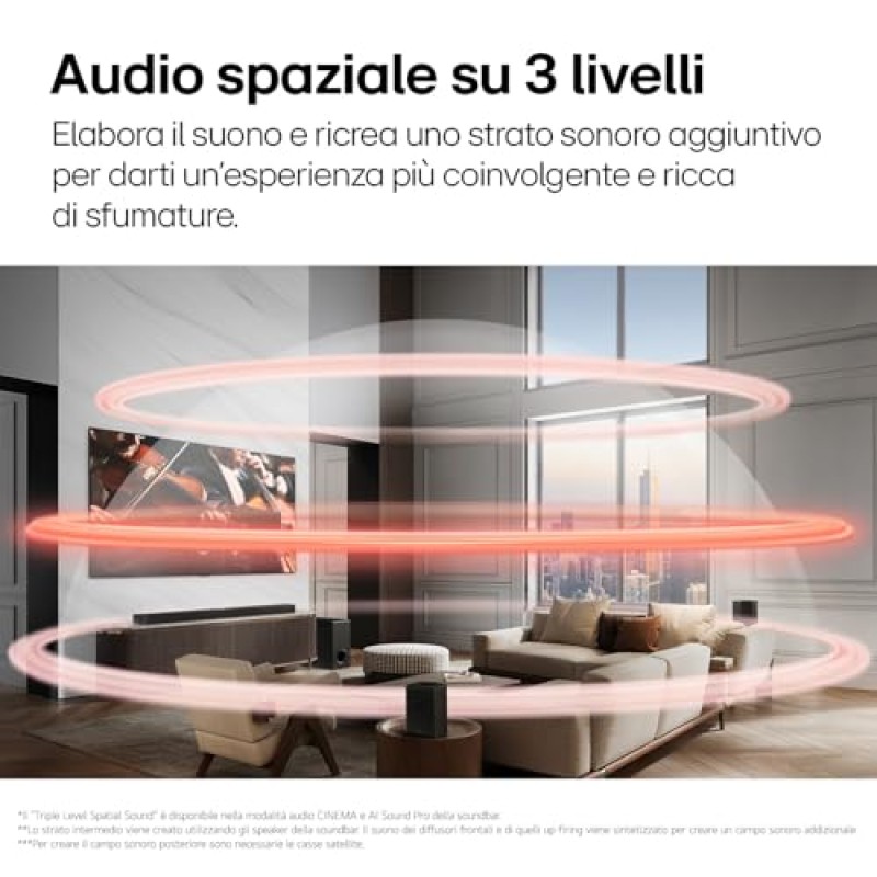 LG S70TR Soundbar TV 500W su 5.1.1 Canali con Subwoofer Wireless, Casse Posteriori Incluse, Dolby Atmos, DTS:X, Speaker Centrale Up-firing, HDMI Passthrough 4K 120Hz, AI Sound Pro
