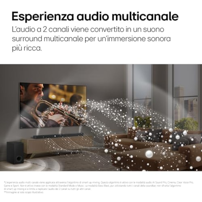 LG S70TR Soundbar TV 500W su 5.1.1 Canali con Subwoofer Wireless, Casse Posteriori Incluse, Dolby Atmos, DTS:X, Speaker Centrale Up-firing, HDMI Passthrough 4K 120Hz, AI Sound Pro