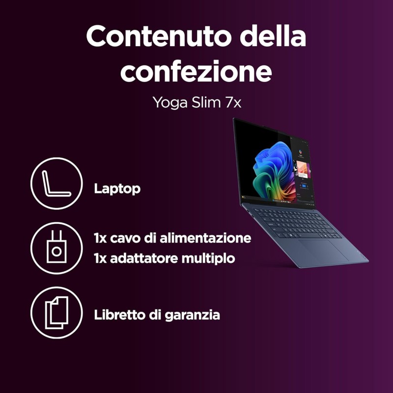 Lenovo Yoga Slim 7x Notebook AI, Display Touch 14.5" 3K OLED (2944x1840) 90Hz, Processore Qualcomm Snapdragon X Elite, RAM 16GB, 1TB SSD, Windows 11 Home Copilot+ PC, WiFi 7 - Blu, Esclusiva Amazon - 14" Touch | RAM 16GB | 1TB SSD