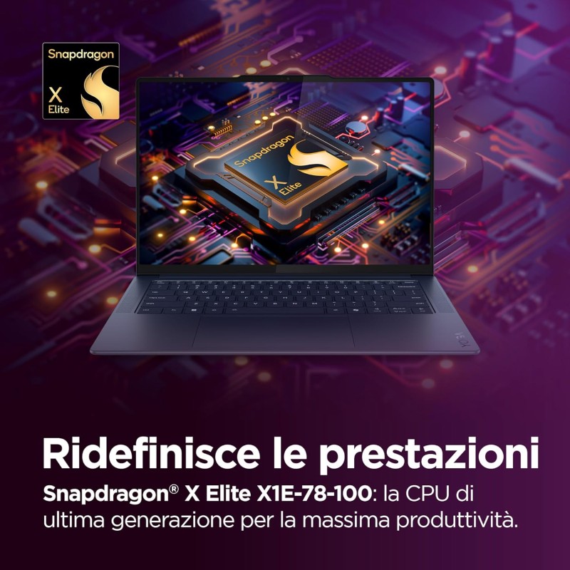 Lenovo Yoga Slim 7x Notebook AI, Display Touch 14.5" 3K OLED (2944x1840) 90Hz, Processore Qualcomm Snapdragon X Elite, RAM 16GB, 1TB SSD, Windows 11 Home Copilot+ PC, WiFi 7 - Blu, Esclusiva Amazon - 14" Touch | RAM 16GB | 1TB SSD