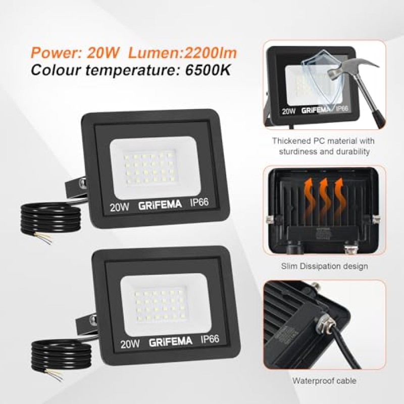 GRIFEMA 20W Faretto LED da Esterno 2 Pezzi, 2200LM 6500K Luce Bianca Fredda, IP66 Impermeabile, Faretti LED con Supporto Regolabile a 180° per Giardino, Terrazza, Garage, Senza Spina