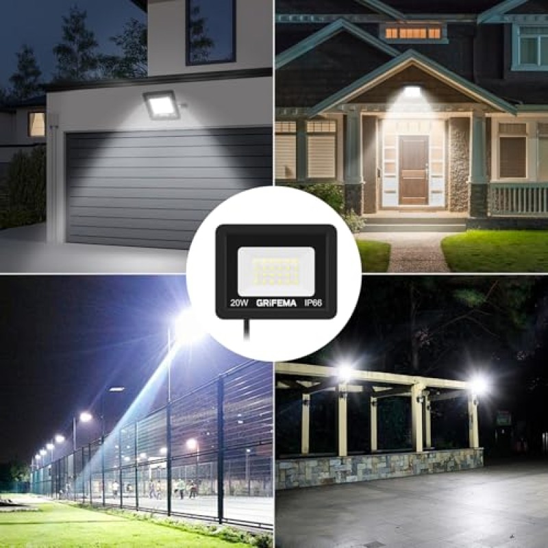 GRIFEMA 20W Faretto LED da Esterno 2 Pezzi, 2200LM 6500K Luce Bianca Fredda, IP66 Impermeabile, Faretti LED con Supporto Regolabile a 180° per Giardino, Terrazza, Garage, Senza Spina
