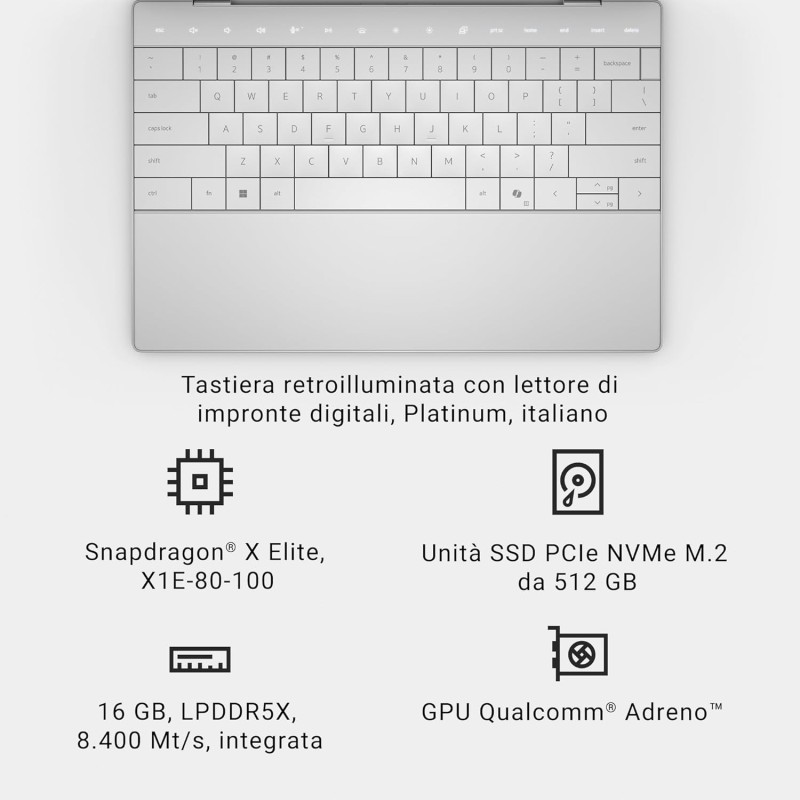 Dell XPS 13 9345 Copilot+ Portatile 13,4" FHD+ touch-screen, Snapdragon X Elite, Qualcomm Adreno, 16 GB Memoria, 512 GB SSD, Windows 11 Home, Tastiera retroilluminata con Copilot, italiano, Platinium - 512GB SSD