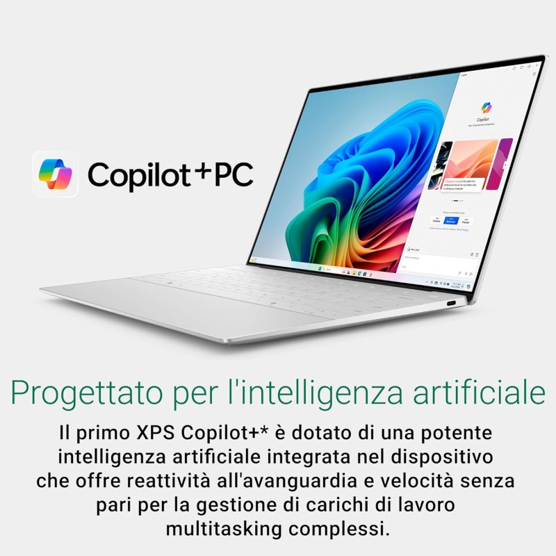 Dell XPS 13 9345 Copilot+ Portatile 13,4" FHD+ touch-screen, Snapdragon X Elite, Qualcomm Adreno, 16 GB Memoria, 512 GB SSD, Windows 11 Home, Tastiera retroilluminata con Copilot, italiano, Platinium - 512GB SSD