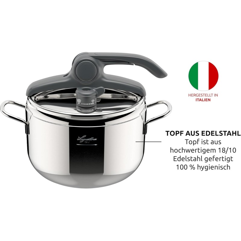 Lagostina Briosa LagoeasyUp Pentola a Pressione in Acciaio Inox 18/10 con Apertura Facile & Irradial Control Lagoeasy'UP Pentola a Pressione 5 L in Acciaio - 7L