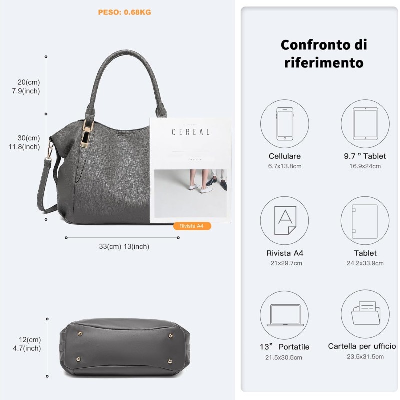 Miss Lulu Borsa Nero Donna Grande con Tracolla Regolabile, Tote Bag Impermeabile Pelle PU, per Lavoro, Scuola, Università e Viaggio - X-grigio Miss Lulu Borsa Nero Donna Grande con Tracolla Regolabile, Tote Bag Impermeabile Pelle PU, per Lavoro, Scuola, Università e Viaggio - X-grigio