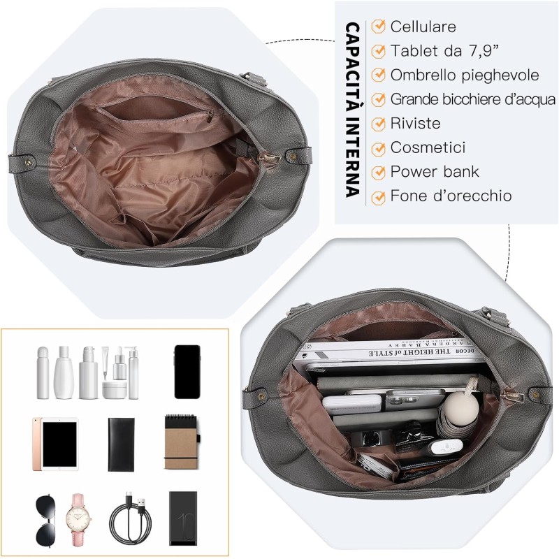 Miss Lulu Borsa Nero Donna Grande con Tracolla Regolabile, Tote Bag Impermeabile Pelle PU, per Lavoro, Scuola, Università e Viaggio - X-grigio Miss Lulu Borsa Nero Donna Grande con Tracolla Regolabile, Tote Bag Impermeabile Pelle PU, per Lavoro, Scuola, Università e Viaggio - X-grigio