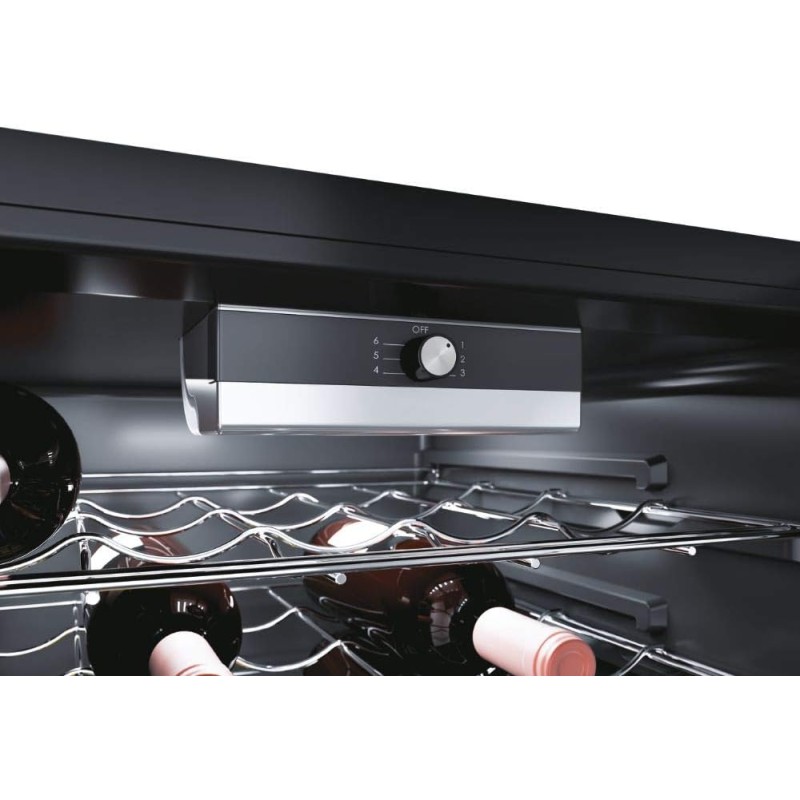 Candy DiVino CWC 021 M/NF Cantinetta Vino, 21 Bottiglie, App hOn con Tecnologia Vivino, Ripiani cromati, 39 dB, Classe G, 40x55x70 cm, Nero [Classe di efficienza energetica G]