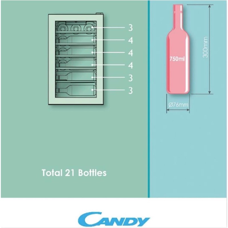Candy DiVino CWC 021 M/NF Cantinetta Vino, 21 Bottiglie, App hOn con Tecnologia Vivino, Ripiani cromati, 39 dB, Classe G, 40x55x70 cm, Nero [Classe di efficienza energetica G]