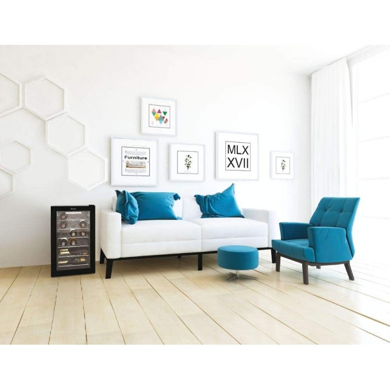 Candy DiVino CWC 021 M/NF Cantinetta Vino, 21 Bottiglie, App hOn con Tecnologia Vivino, Ripiani cromati, 39 dB, Classe G, 40x55x70 cm, Nero [Classe di efficienza energetica G]