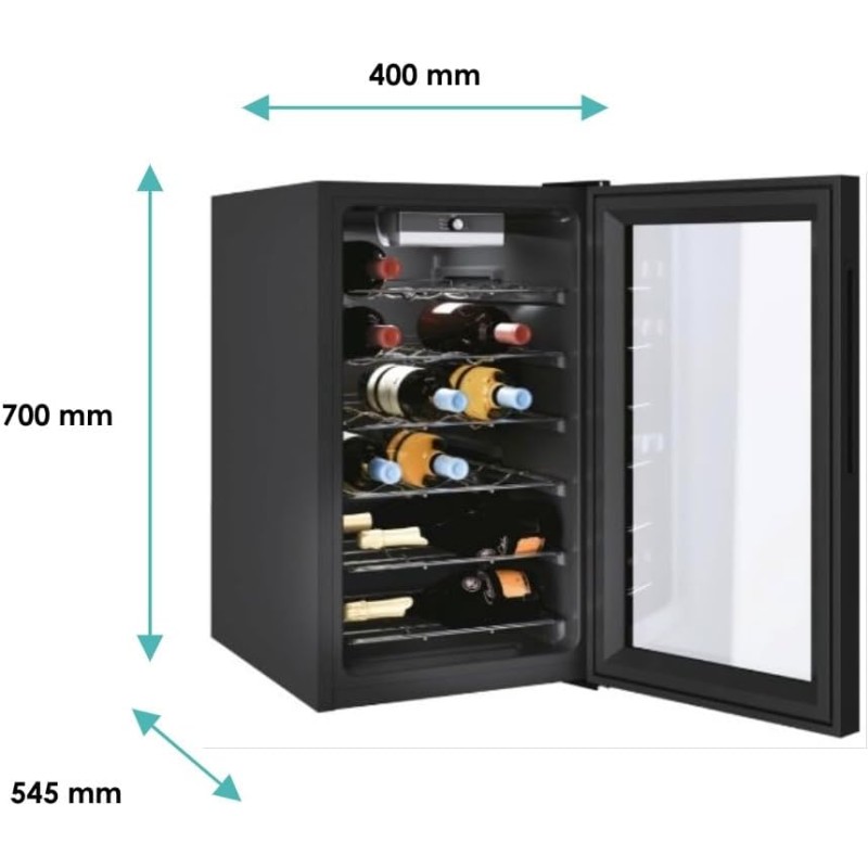 Candy DiVino CWC 021 M/NF Cantinetta Vino, 21 Bottiglie, App hOn con Tecnologia Vivino, Ripiani cromati, 39 dB, Classe G, 40x55x70 cm, Nero [Classe di efficienza energetica G]