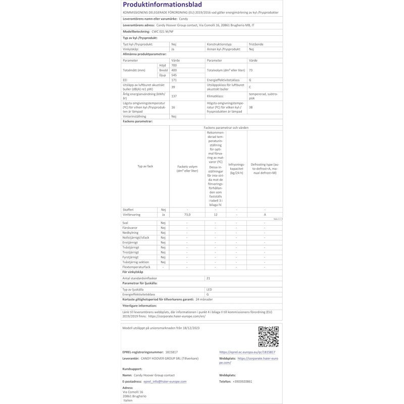 Candy DiVino CWC 021 M/NF Cantinetta Vino, 21 Bottiglie, App hOn con Tecnologia Vivino, Ripiani cromati, 39 dB, Classe G, 40x55x70 cm, Nero [Classe di efficienza energetica G]