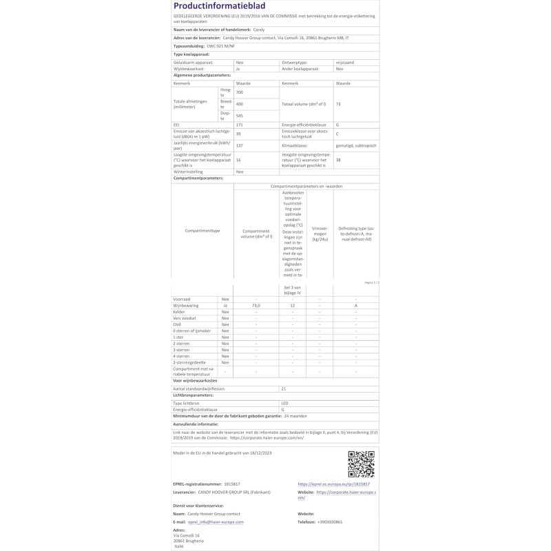 Candy DiVino CWC 021 M/NF Cantinetta Vino, 21 Bottiglie, App hOn con Tecnologia Vivino, Ripiani cromati, 39 dB, Classe G, 40x55x70 cm, Nero [Classe di efficienza energetica G]
