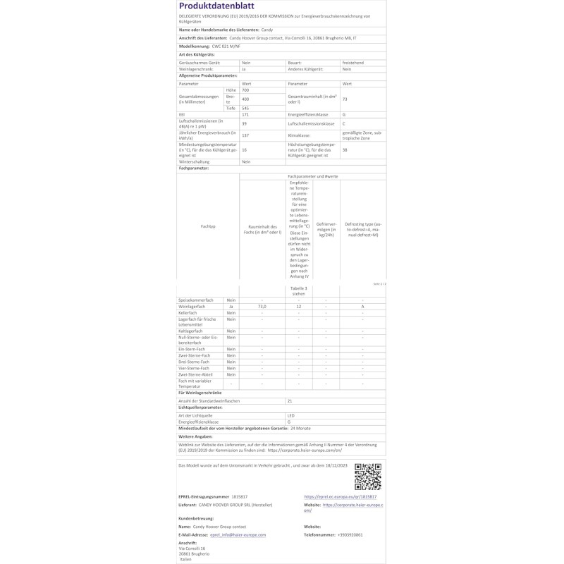 Candy DiVino CWC 021 M/NF Cantinetta Vino, 21 Bottiglie, App hOn con Tecnologia Vivino, Ripiani cromati, 39 dB, Classe G, 40x55x70 cm, Nero [Classe di efficienza energetica G]