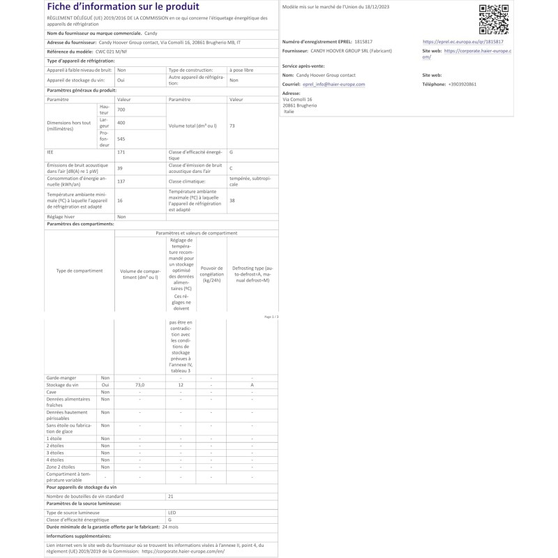 Candy DiVino CWC 021 M/NF Cantinetta Vino, 21 Bottiglie, App hOn con Tecnologia Vivino, Ripiani cromati, 39 dB, Classe G, 40x55x70 cm, Nero [Classe di efficienza energetica G]