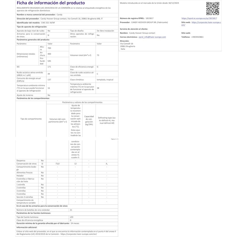 Candy DiVino CWC 021 M/NF Cantinetta Vino, 21 Bottiglie, App hOn con Tecnologia Vivino, Ripiani cromati, 39 dB, Classe G, 40x55x70 cm, Nero [Classe di efficienza energetica G]