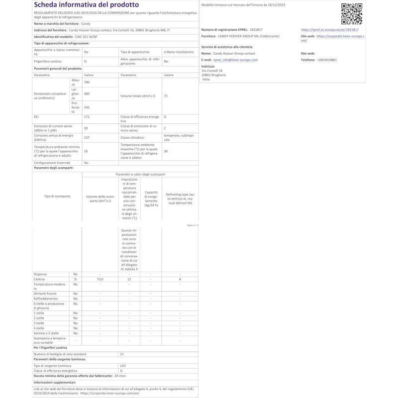 Candy DiVino CWC 021 M/NF Cantinetta Vino, 21 Bottiglie, App hOn con Tecnologia Vivino, Ripiani cromati, 39 dB, Classe G, 40x55x70 cm, Nero [Classe di efficienza energetica G]