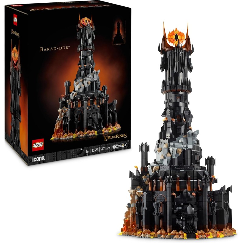 LEGO Icons The Lord of the Rings: Barad-dûr Fortress and Tower of Sauron Model Building with Functions and Characters such as Frodo, Sam and Gollum, Gift Idea for Men, Women and Adult Fans 10333