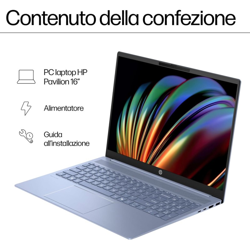 HP Pavilion 16-af0003sl, Intel Core Ultra 5-125U, Intel Evo Edition, AI, RAM 16GB LPDDR5, SSD 512GB, Display 16" 2K Antiriflesso IPS 300 Nits, Wi-Fi 6, Privacy Cam 1080p IR TNR, Windows 11, Sky Blue - Sky Blue