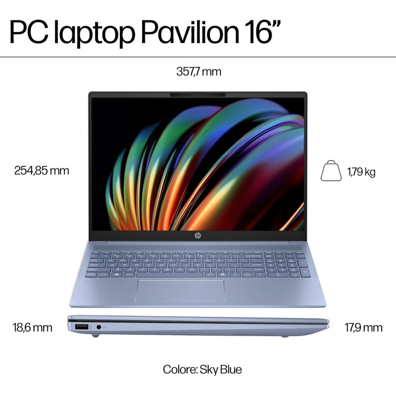 HP Pavilion 16-af0003sl, Intel Core Ultra 5-125U, Intel Evo Edition, AI, RAM 16GB LPDDR5, SSD 512GB, Display 16" 2K Antiriflesso IPS 300 Nits, Wi-Fi 6, Privacy Cam 1080p IR TNR, Windows 11, Sky Blue - Sky Blue