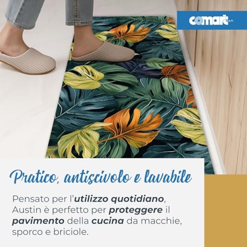 Comart - Tappeto Cucina Austin - Impermeabile - Antiscivolo - Antimacchia - Lavabile in Lavatrice - Passatoia in Poliestere - per Corridoio e Cucina - Made in Italy - Tropicale Peperomia - 50x170 cm - 50 x 170 cm
