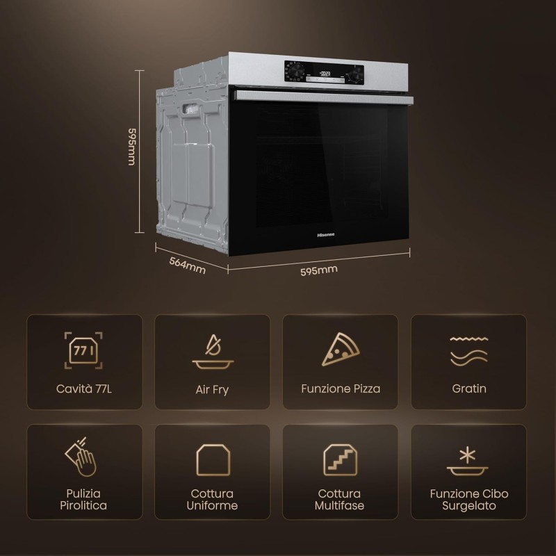 Hisense BI64213E4PX, Forno Multifunzione Termoventilato, Cavità XXL 77L, Pulizia Pirolitica, 13funzioni di cottura, Funzione pizza 300°C, Cottura AirFry, Display Led, Soft closing, Guide telescopiche Hisense BI64213E4PX, Forno Multifunzione Termoventilato, Cavità XXL 77L, Pulizia Pirolitica, 13funzioni di cottura, Funzione pizza 300°C, Cottura AirFry, Display Led, Soft closing, Guide telescopiche