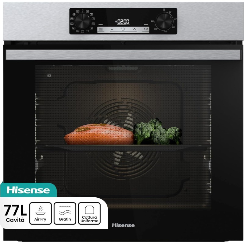 Hisense BI64213E4PX, Forno Multifunzione Termoventilato, Cavità XXL 77L, Pulizia Pirolitica, 13funzioni di cottura, Funzione pizza 300°C, Cottura AirFry, Display Led, Soft closing, Guide telescopiche Hisense BI64213E4PX, Forno Multifunzione Termoventilato, Cavità XXL 77L, Pulizia Pirolitica, 13funzioni di cottura, Funzione pizza 300°C, Cottura AirFry, Display Led, Soft closing, Guide telescopiche