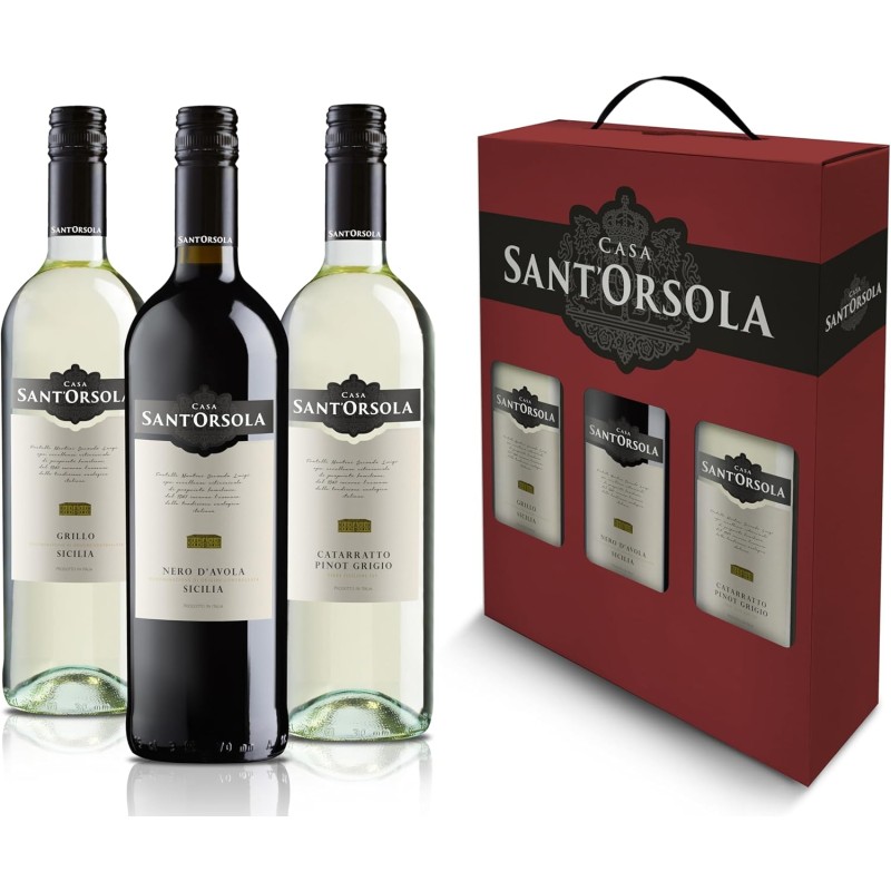 Casa Sant'Orsola - Tris di Vino Bianco e Rosso Confezione Regalo, Cataratto Pinot Grigio IGT, Grillo Terre Siciliane DOC, Nero d'Avola DOC, 3x750 ml - 3x750ml Casa Sant'Orsola - Tris di Vino Bianco e Rosso Confezione Regalo, Cataratto Pinot Grigio IGT, Grillo Terre Siciliane DOC, Nero d'Avola DOC, 3x750 ml - 3x750ml