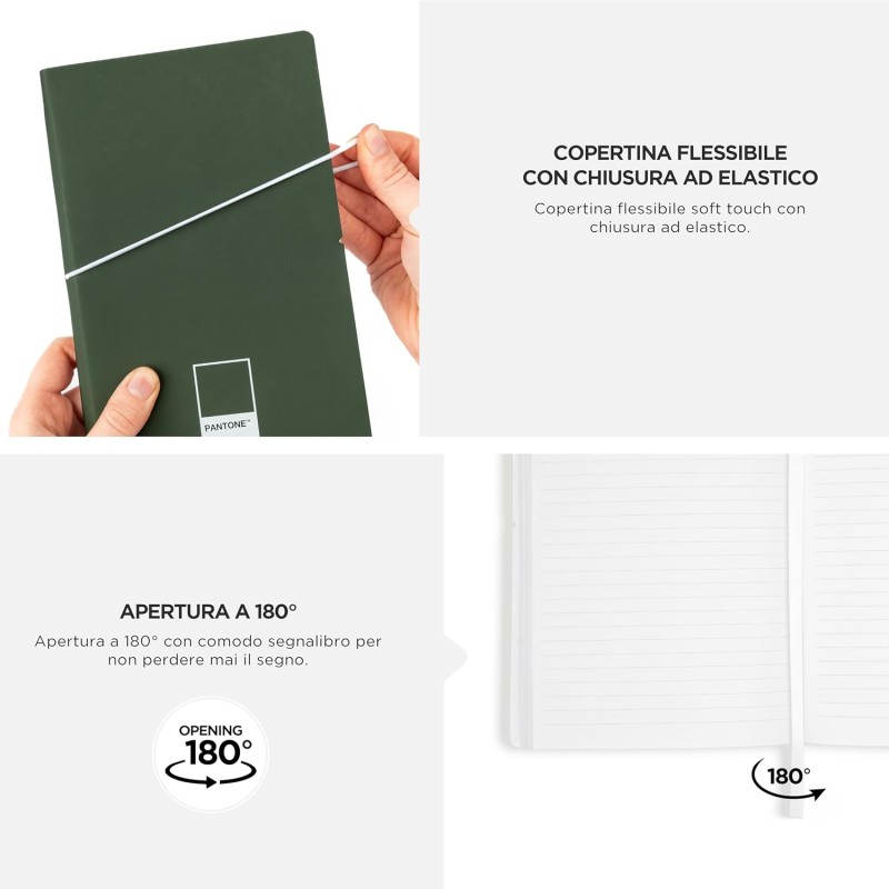 PANTONE Urban - Quaderno Appunti 13x20 con 192 Pagine a Righe, Copertina Flessibile Soft Touch ed Elastico, Block Notes con Segnalibro e Tasca Interna, Taccuino Agenda per Cancelleria e Cartoleria - Rifle Green