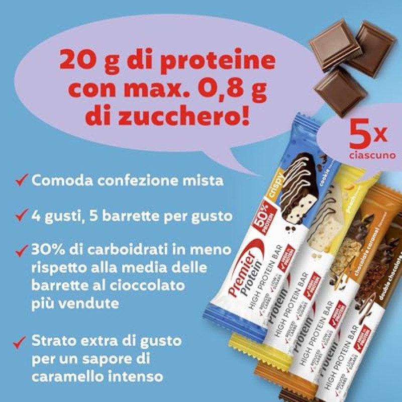 Premier Protein - High Protein Bar 50% - Multiflavourbox - 20x40g - Low Sugar - Low Carb - High Protein Bar - 20x40 g