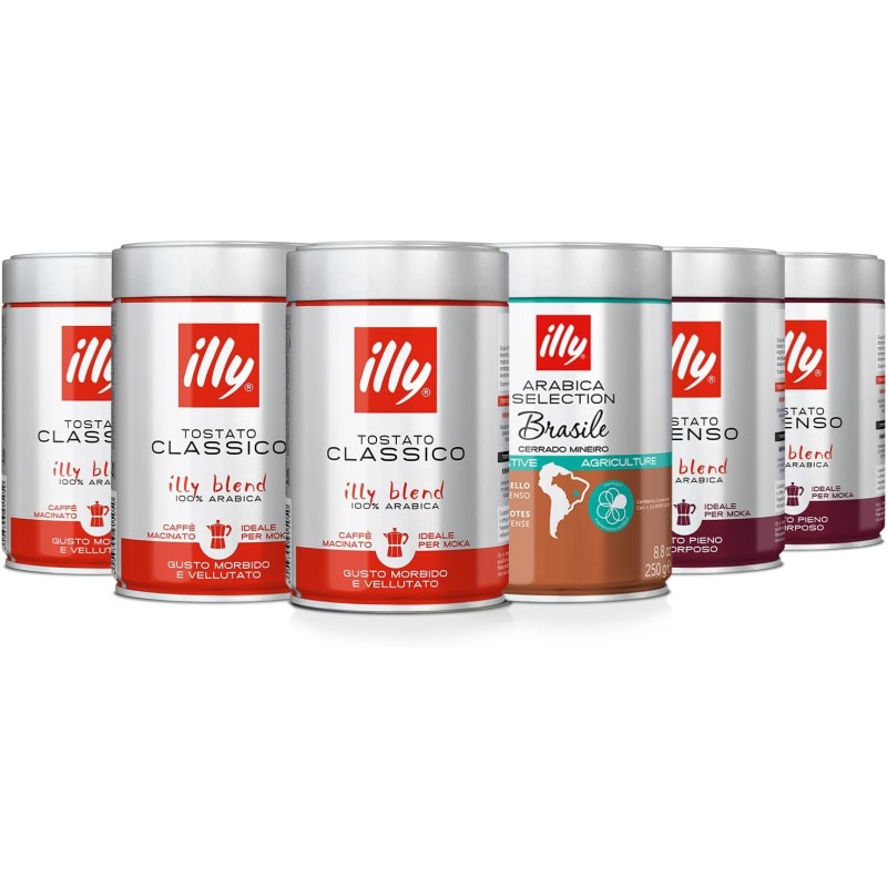illy Caffè macinato moka 100% Arabica, barattoli da 250gr. - 3x tostato classico + 2x tostato intenso + 1x Arabica Selection Brasile Cerrado Mineiro illy Caffè macinato moka 100% Arabica, barattoli da 250gr. - 3x tostato classico + 2x tostato intenso + 1x Arabica Selection Brasile Cerrado Mineiro