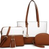 Miss Lulu Borse Mano Donna Pelle, Pochette Donna Multifunzione Set 3 Pezzi, Borsa Tracolla Spalla, Borse Tote Elegante Università Lavoro - Marrone/Beige