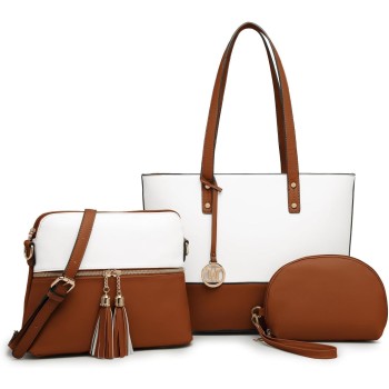 Miss Lulu Borse Mano Donna Pelle, Pochette Donna Multifunzione Set 3 Pezzi, Borsa Tracolla Spalla, Borse Tote Elegante Università Lavoro - Marrone/Beige