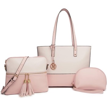 Miss Lulu Borse Mano Donna Pelle, Pochette Donna Multifunzione Set 3 Pezzi, Borsa Tracolla Spalla, Borse Tote Elegante Università Lavoro - Rosa/Beige