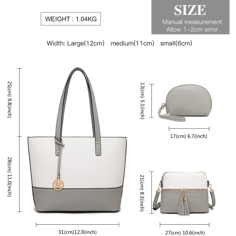Miss Lulu Borse Mano Donna Pelle, Pochette Donna Multifunzione Set 3 Pezzi, Borsa Tracolla Spalla, Borse Tote Elegante Università Lavoro - Grey/Bianco Miss Lulu Borse Mano Donna Pelle, Pochette Donna Multifunzione Set 3 Pezzi, Borsa Tracolla Spalla, Borse Tote Elegante Università Lavoro - Grey/Bianco