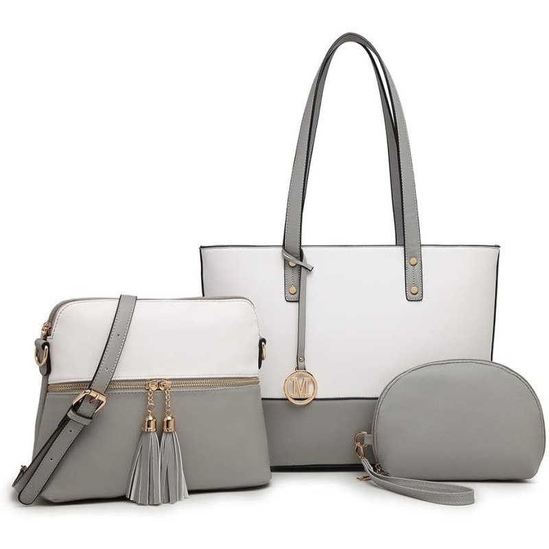 Miss Lulu Borse Mano Donna Pelle, Pochette Donna Multifunzione Set 3 Pezzi, Borsa Tracolla Spalla, Borse Tote Elegante Università Lavoro - Grey/Bianco Miss Lulu Borse Mano Donna Pelle, Pochette Donna Multifunzione Set 3 Pezzi, Borsa Tracolla Spalla, Borse Tote Elegante Università Lavoro - Grey/Bianco