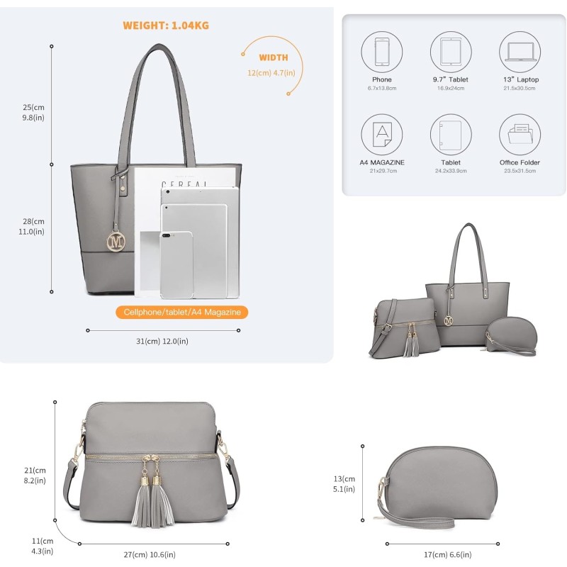 Miss Lulu Borse Mano Donna Pelle, Pochette Donna Multifunzione Set 3 Pezzi, Borsa Tracolla Spalla, Borse Tote Elegante Università Lavoro - Grigio