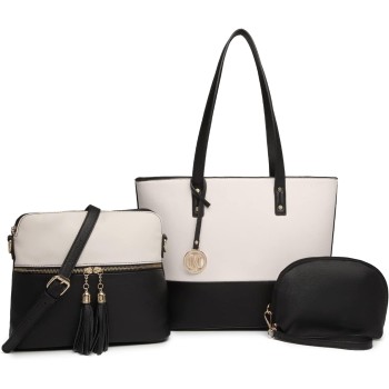 Miss Lulu Borse Mano Donna Pelle, Pochette Donna Multifunzione Set 3 Pezzi, Borsa Tracolla Spalla, Borse Tote Elegante Università Lavoro - Nero/Beige