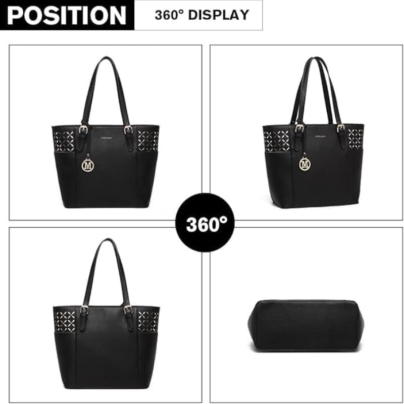 Miss Lulu Borsa Tote Donna Università Grande, Elegante Mano Bag Maniglia Regolabile, PU Pelle per Viaggi, Lavoro e Scuola - Nero Miss Lulu Borsa Tote Donna Università Grande, Elegante Mano Bag Maniglia Regolabile, PU Pelle per Viaggi, Lavoro e Scuola - Nero