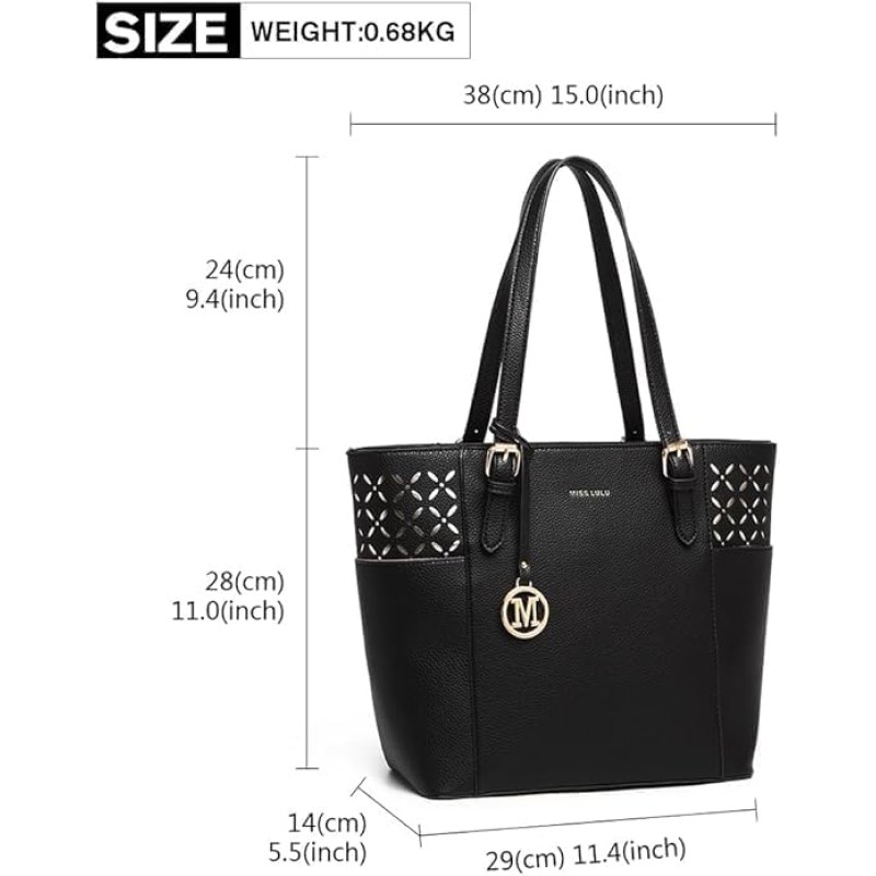 Miss Lulu Borsa Tote Donna Università Grande, Elegante Mano Bag Maniglia Regolabile, PU Pelle per Viaggi, Lavoro e Scuola - Nero Miss Lulu Borsa Tote Donna Università Grande, Elegante Mano Bag Maniglia Regolabile, PU Pelle per Viaggi, Lavoro e Scuola - Nero
