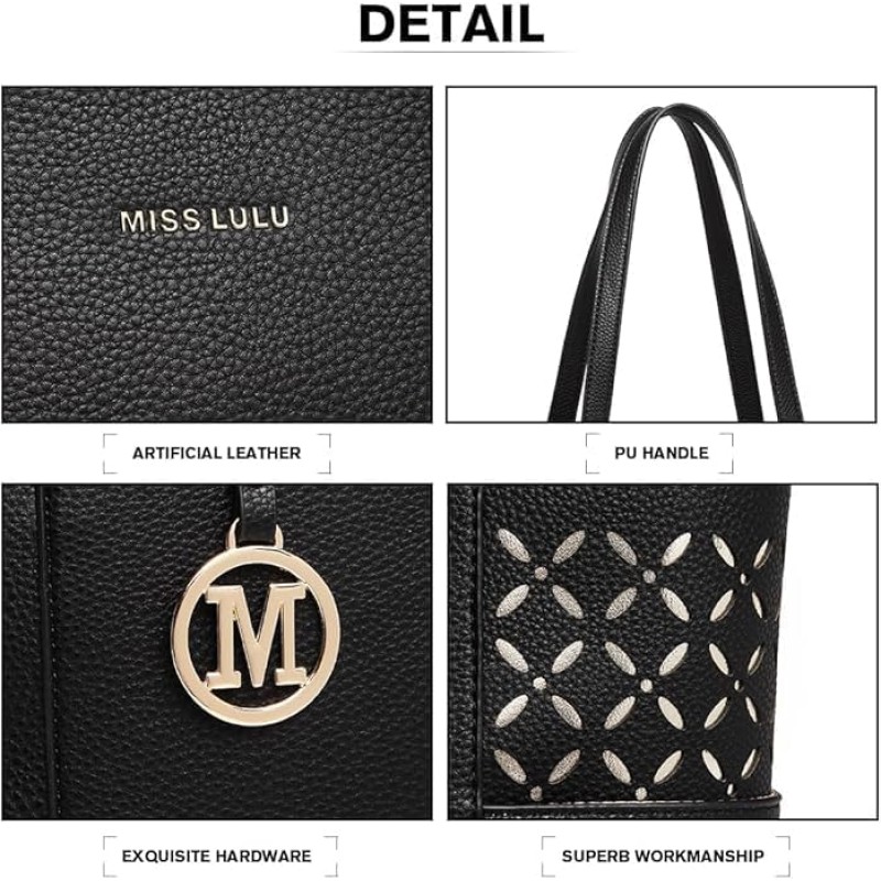 Miss Lulu Borsa Tote Donna Università Grande, Elegante Mano Bag Maniglia Regolabile, PU Pelle per Viaggi, Lavoro e Scuola - Nero Miss Lulu Borsa Tote Donna Università Grande, Elegante Mano Bag Maniglia Regolabile, PU Pelle per Viaggi, Lavoro e Scuola - Nero