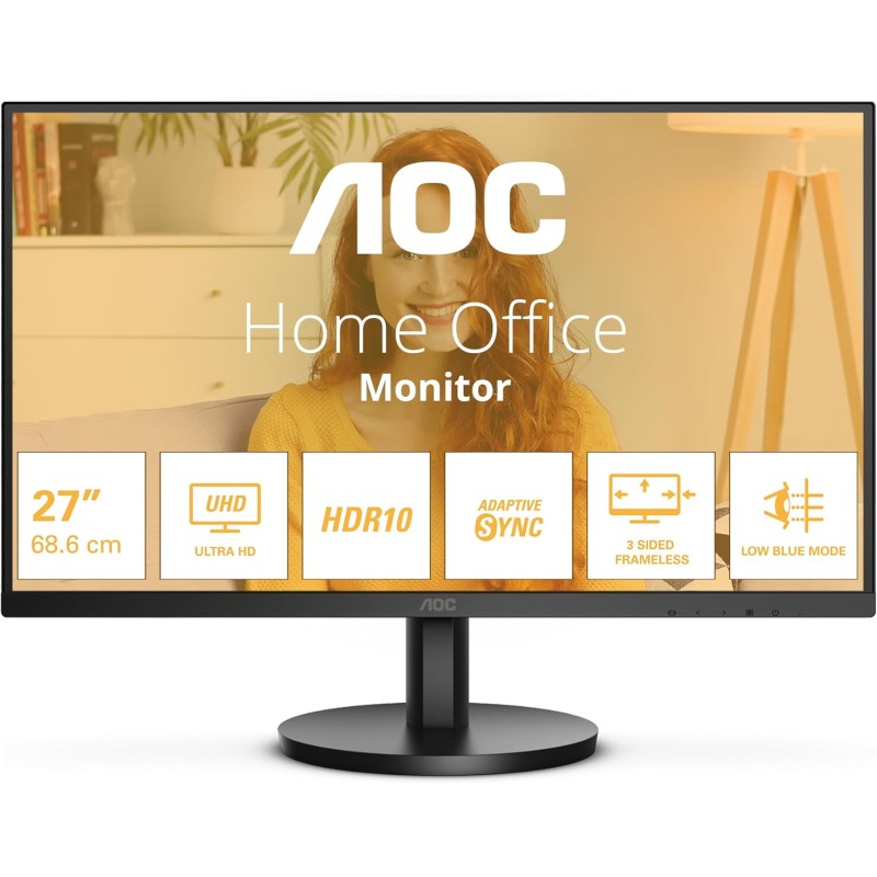 AOC U27B3M - Monitor UHD da 27 pollici, HDR10 3840x2160, 4K, 60 Hz, 2x HDMI, DisplayPort nero, 27 pollice 4K IPS 60Hz, USB-C, Altoparlanti - Regolazione altezza - 27" UHD